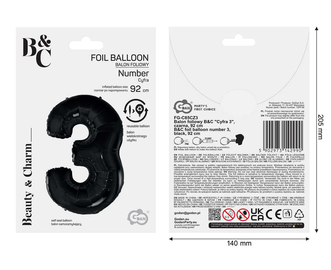 Foil balloon B&C digit 3, black, 92 cm